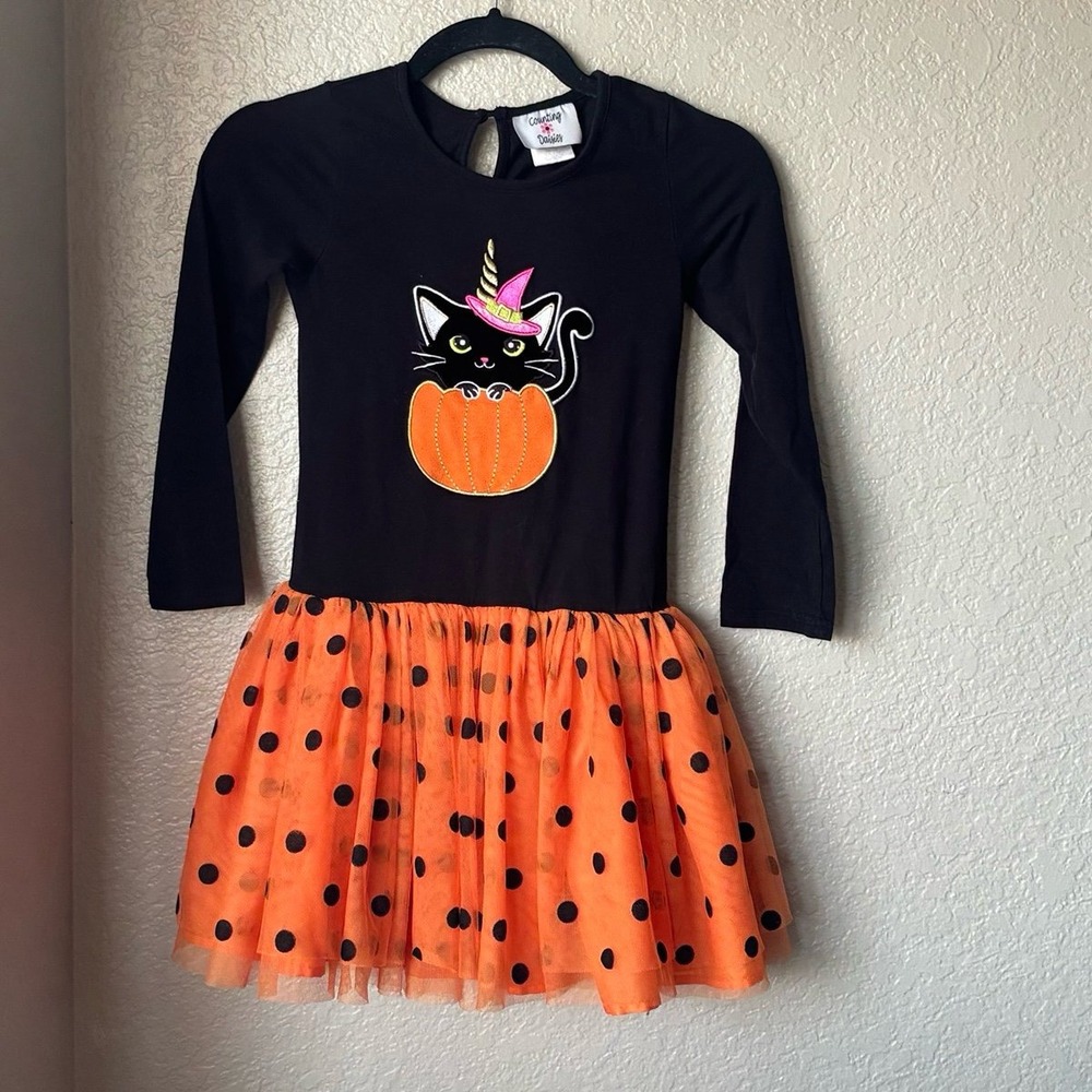 Girls Black Orange Polka Dot Cat Pumpkin Halloween Costume Pumpkin Patch Dress 8